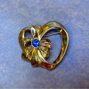 Vintage Avon Gold Tone Heart and Bow Brooch Pin With Blue Rhinestone